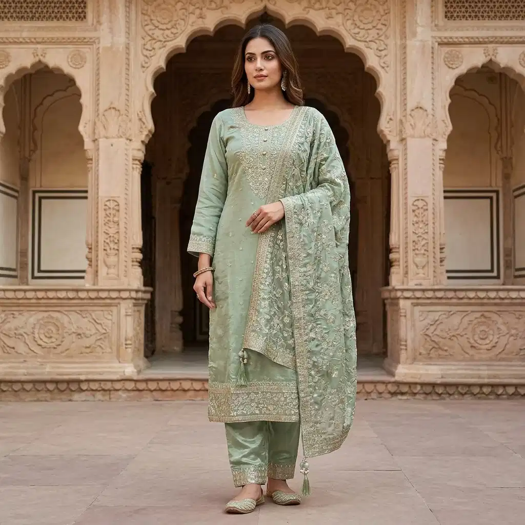 Elara Sage Embroidered Silk Suit Set - Image 9