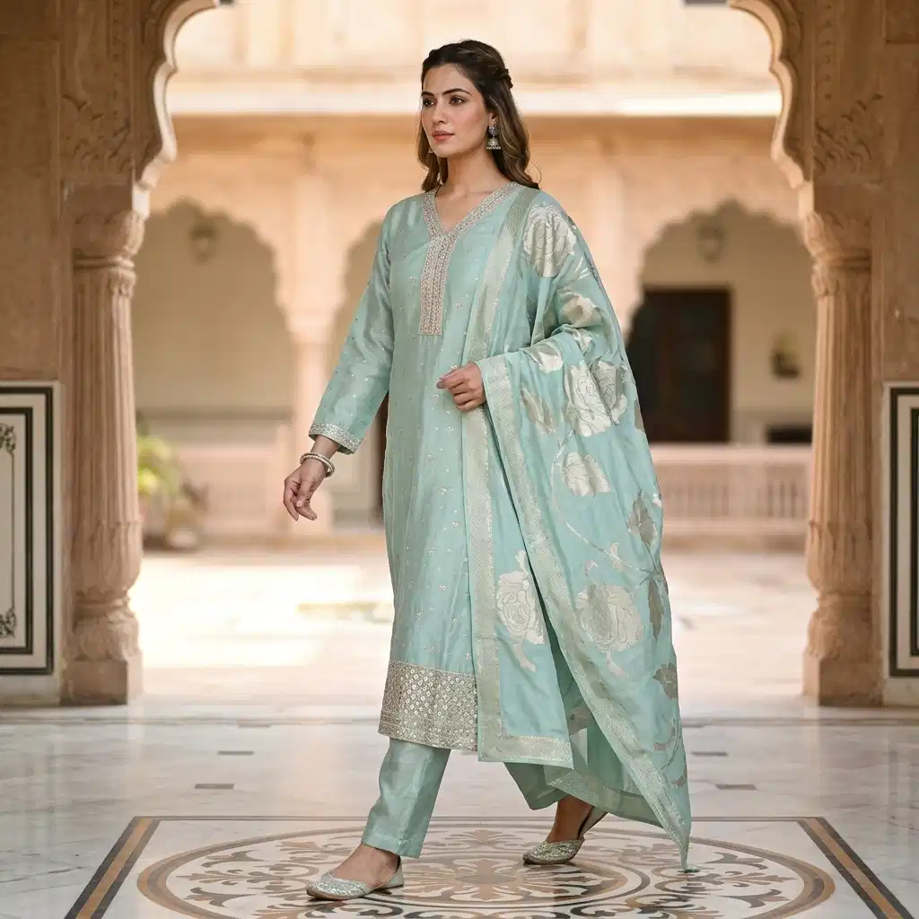 Aurelia Mint Embroidered Silk Suit Set for Women - Image 7