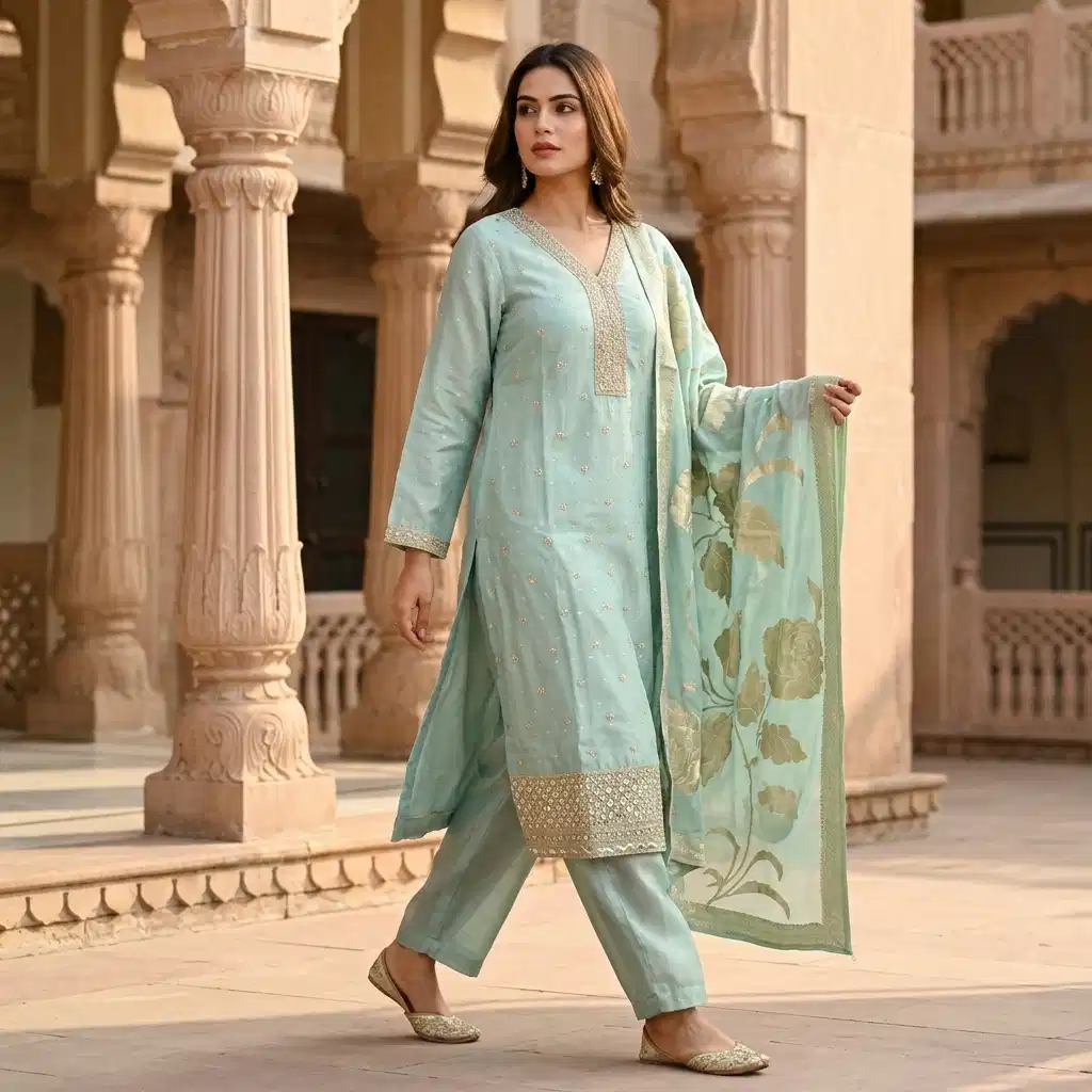 Aurelia Mint Embroidered Silk Suit Set for Women - Image 6