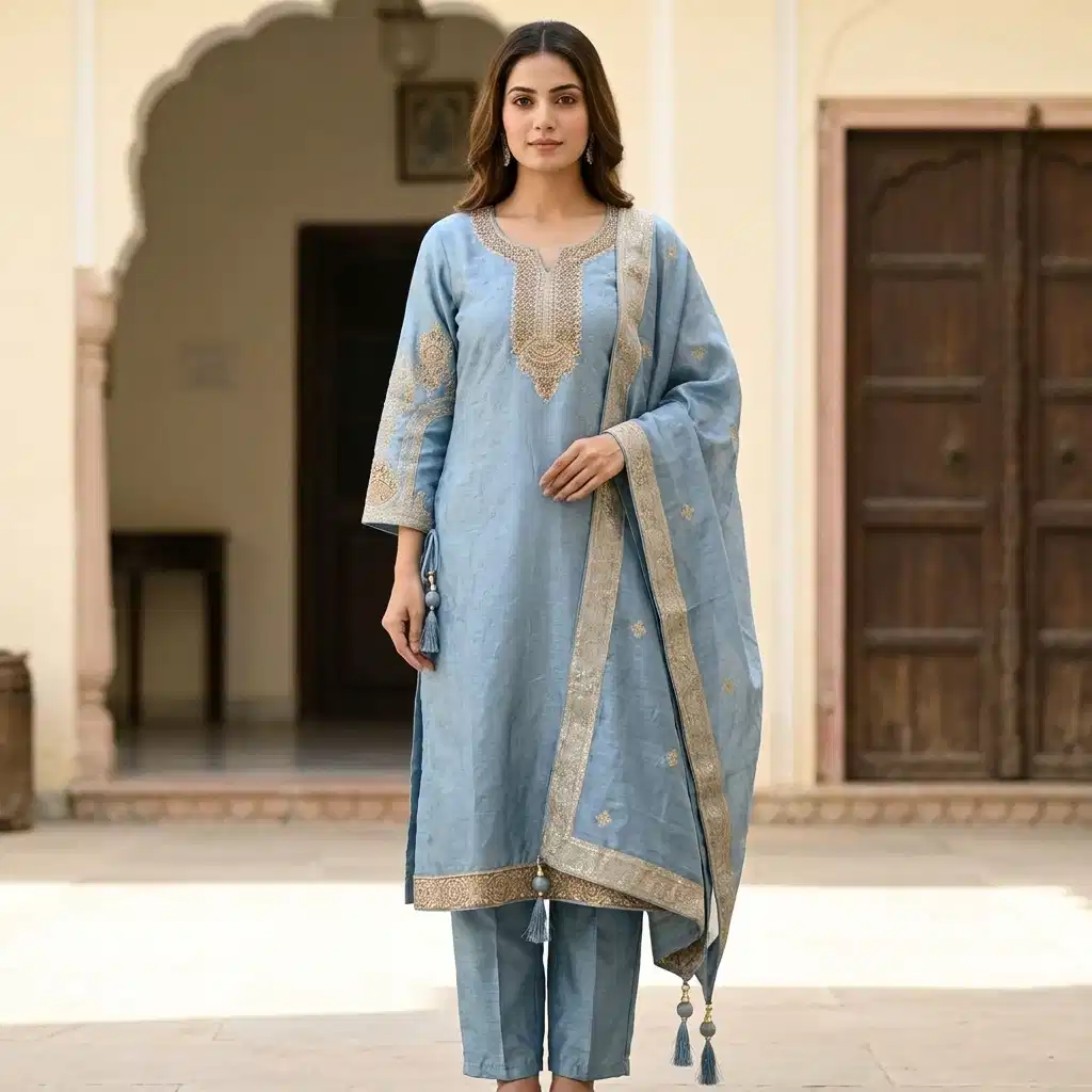 Celeste Sky Embroidered Silk Suit Set - Image 8