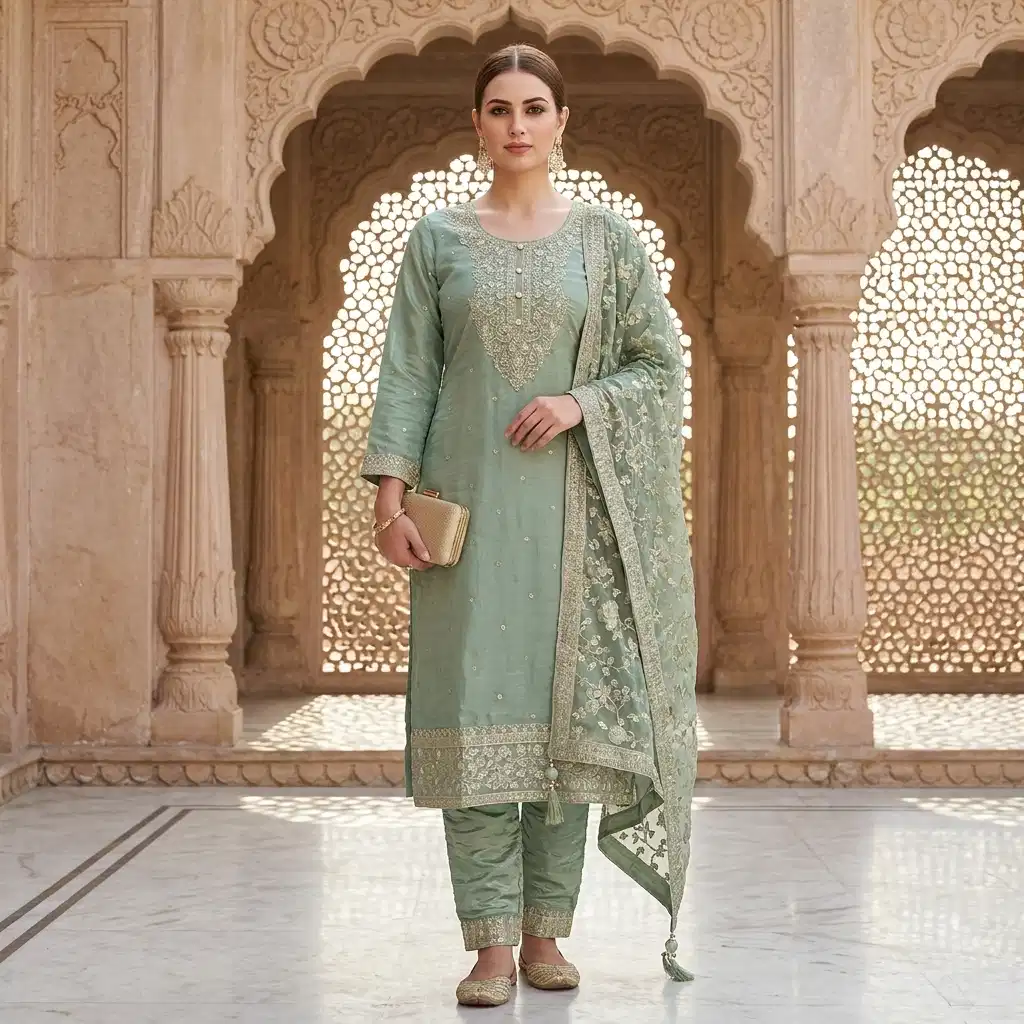 Elara Sage Embroidered Silk Suit Set - Image 3