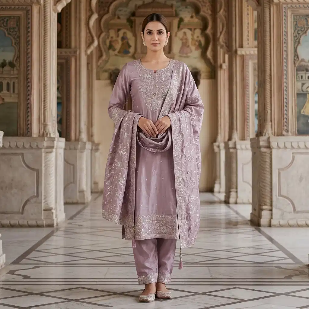 Zola Mist Embroidered Silk Suit Set for Women - Image 6