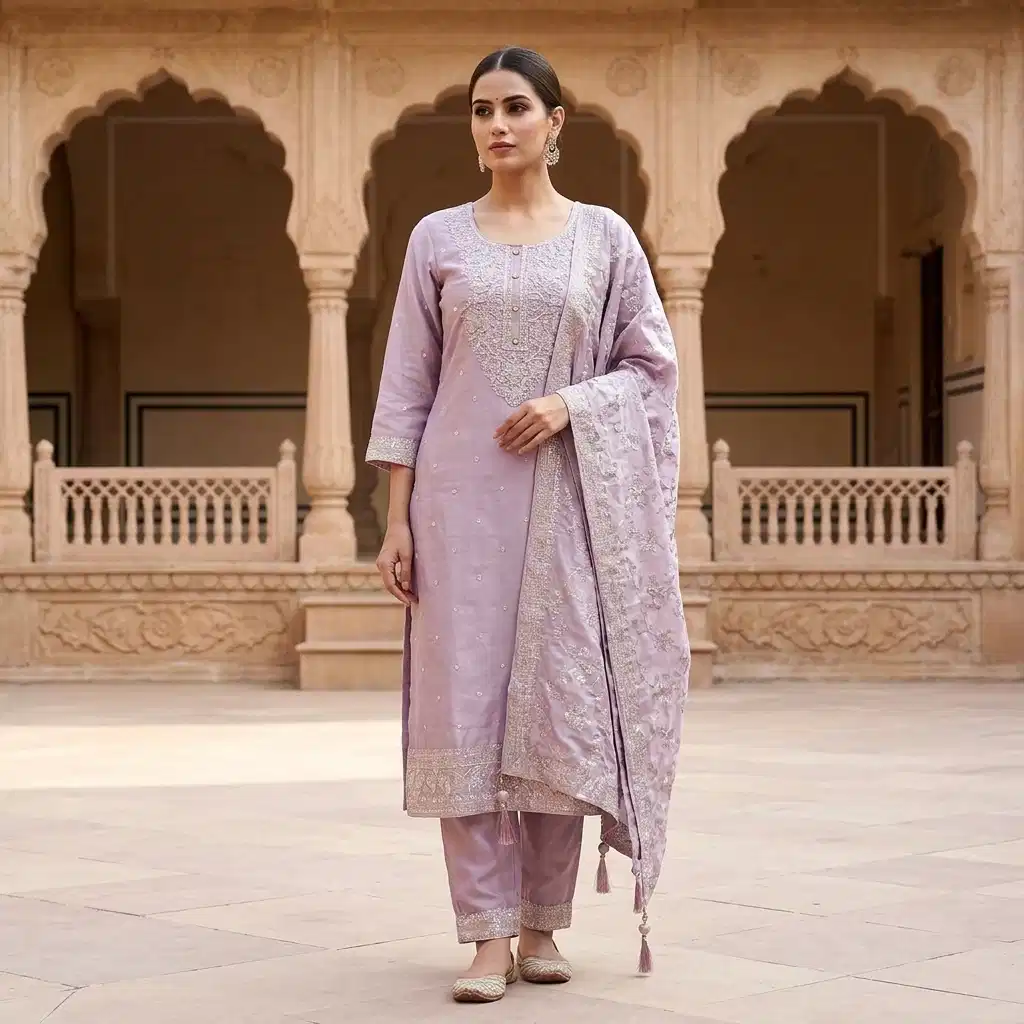Zola Mist Embroidered Silk Suit Set for Women - Image 3