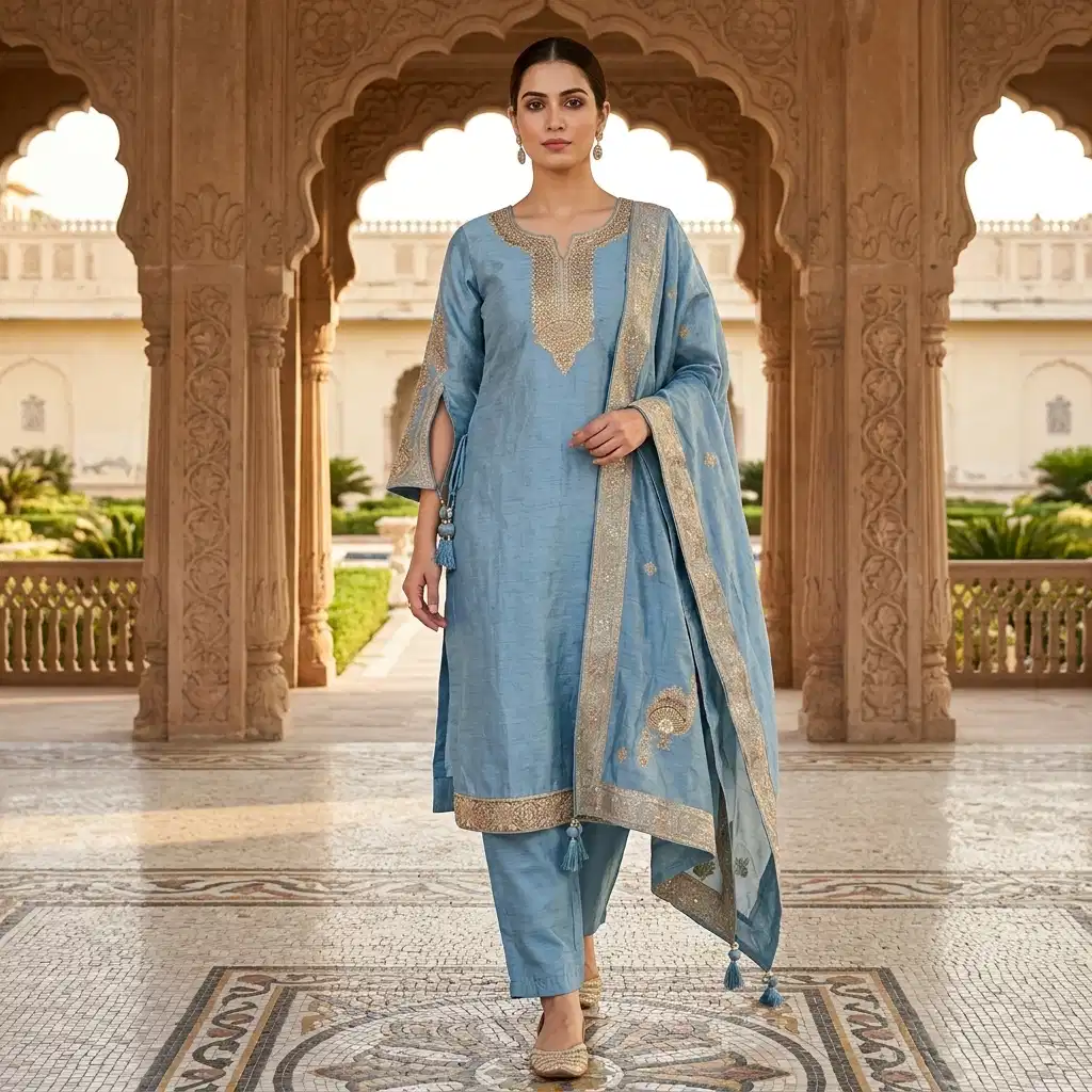 Celeste Sky Embroidered Silk Suit Set - Image 10