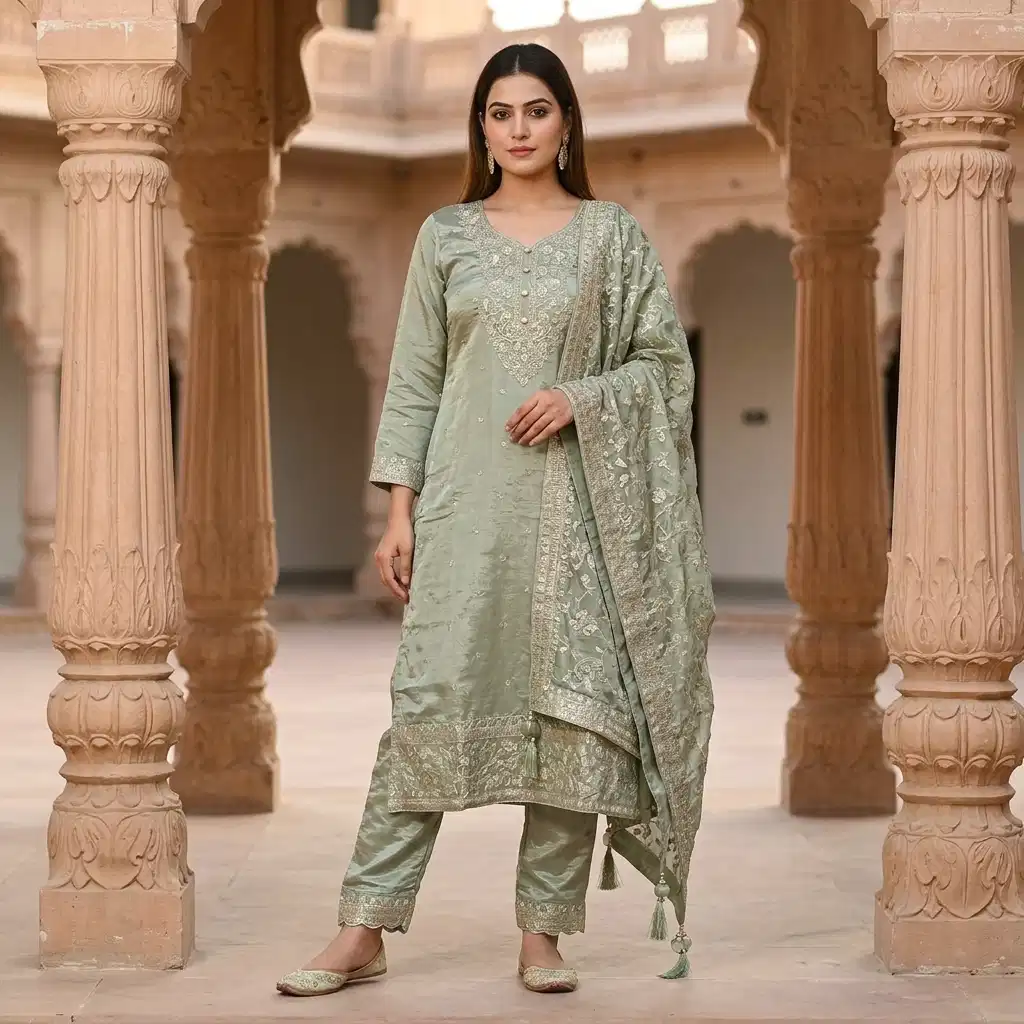 Elara Sage Embroidered Silk Suit Set - Image 8