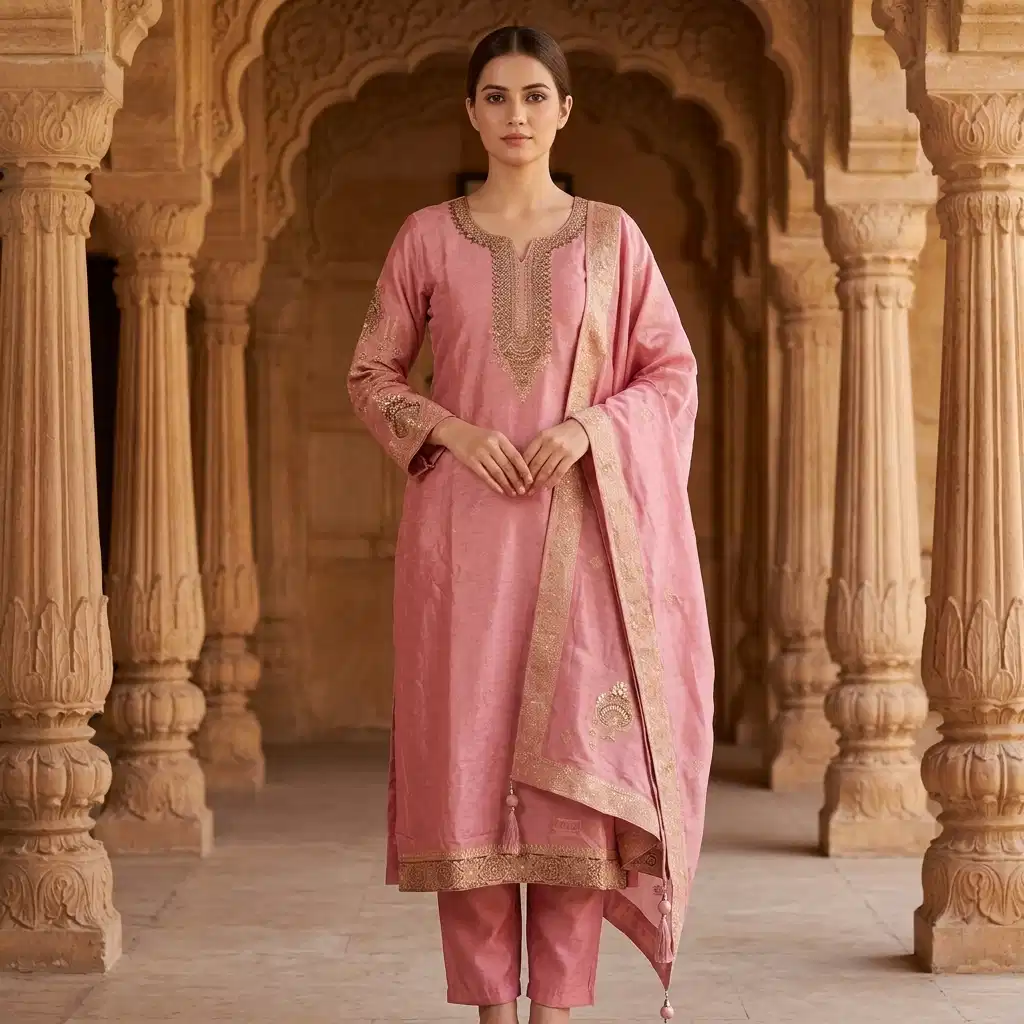 Gulnaar Blush Grace Embroidered Silk Suit Set - Image 5