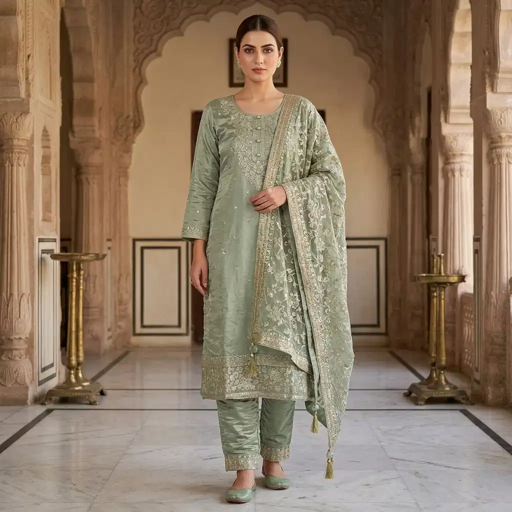 Elara Sage Embroidered Silk Suit Set - Image 7