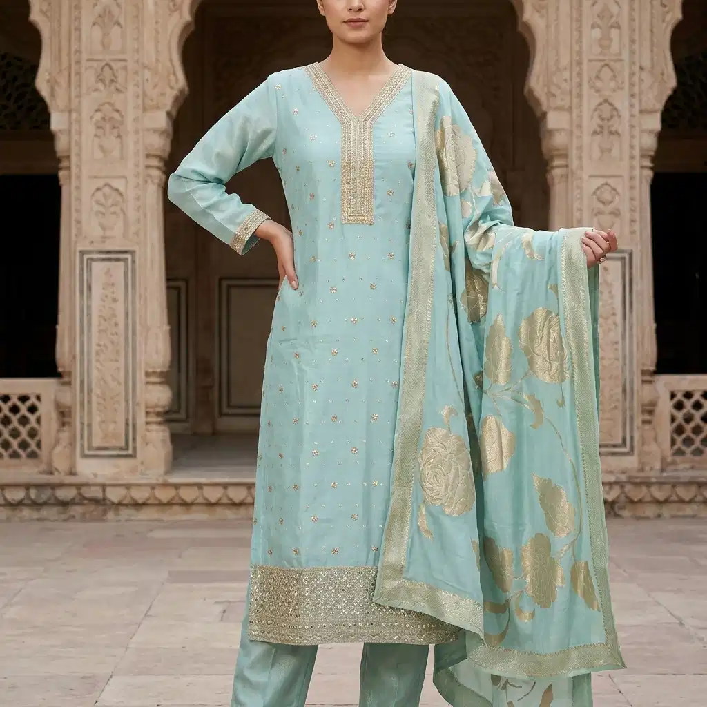 Aurelia Mint Embroidered Silk Suit Set for Women - Image 5