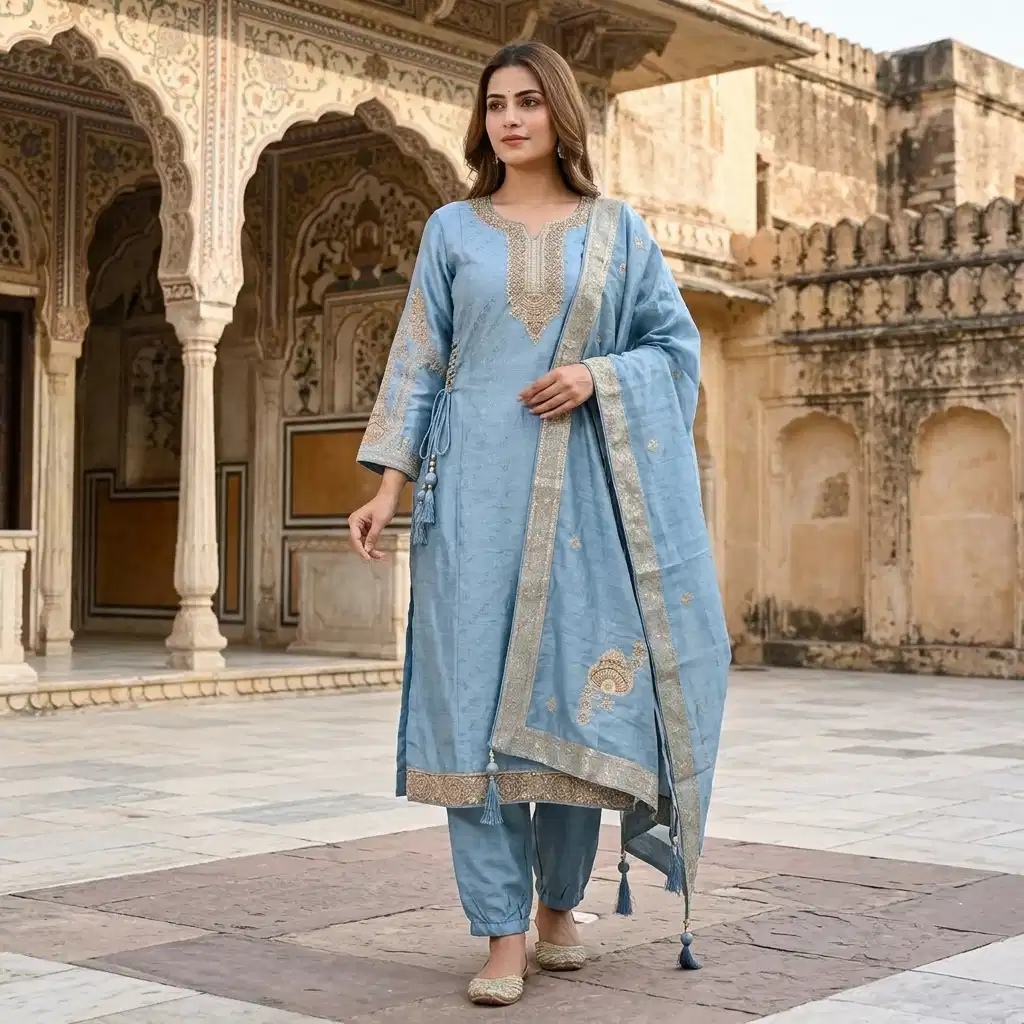 Celeste Sky Embroidered Silk Suit Set - Image 12