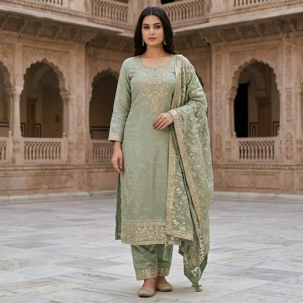 Elara Sage Embroidered Silk Suit Set - Image 6