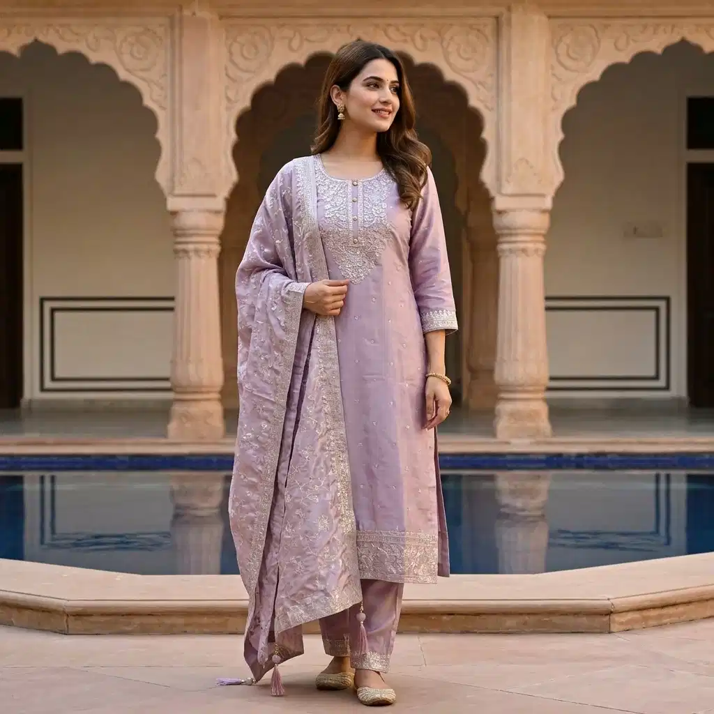 Zola Mist Embroidered Silk Suit Set for Women - Image 4