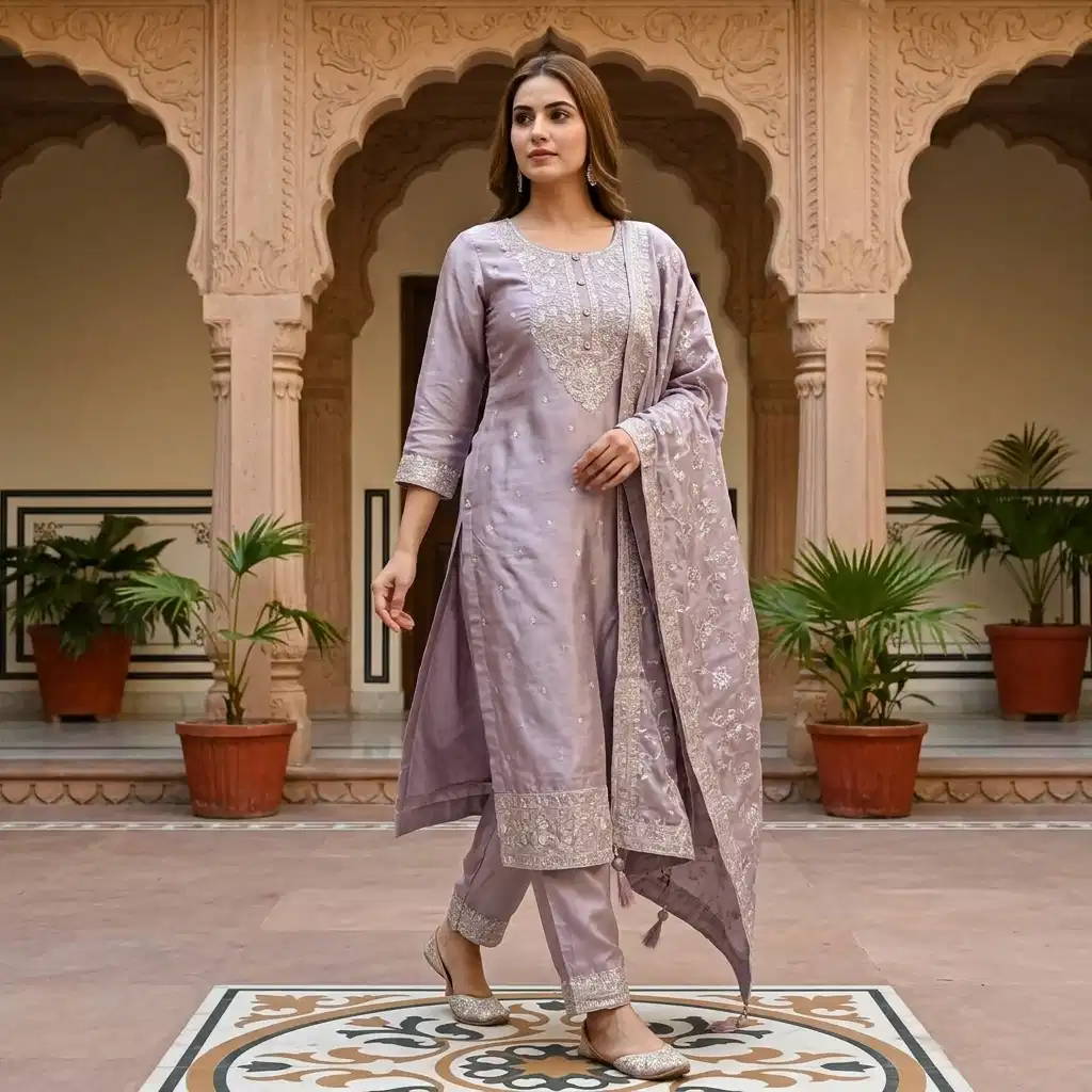 Zola Mist Embroidered Silk Suit Set for Women
