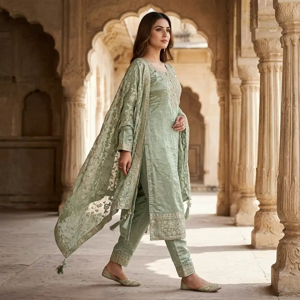 Elara Sage Embroidered Silk Suit Set - Image 2