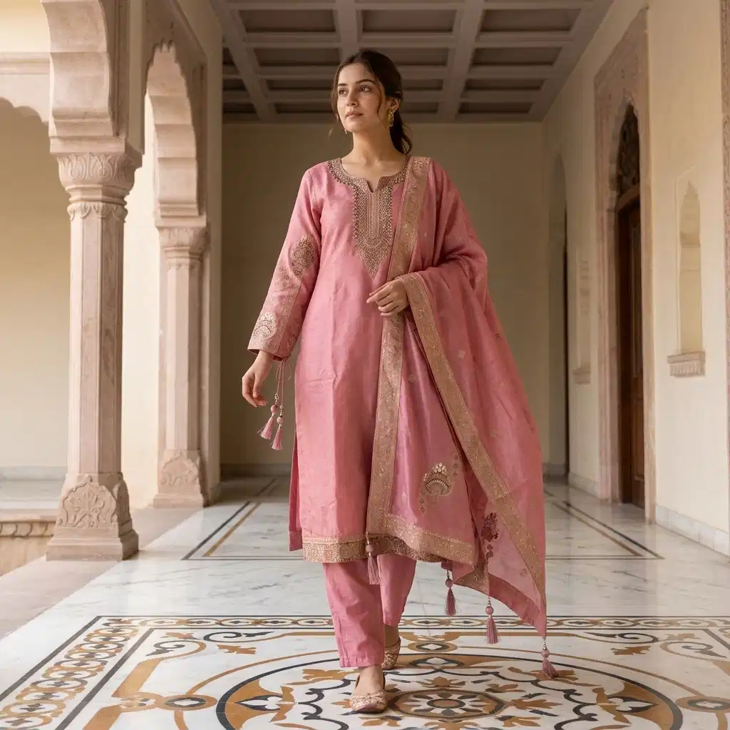 Gulnaar Blush Grace Embroidered Silk Suit Set - Image 6