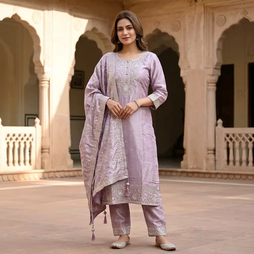 Zola Mist Embroidered Silk Suit Set for Women - Image 7