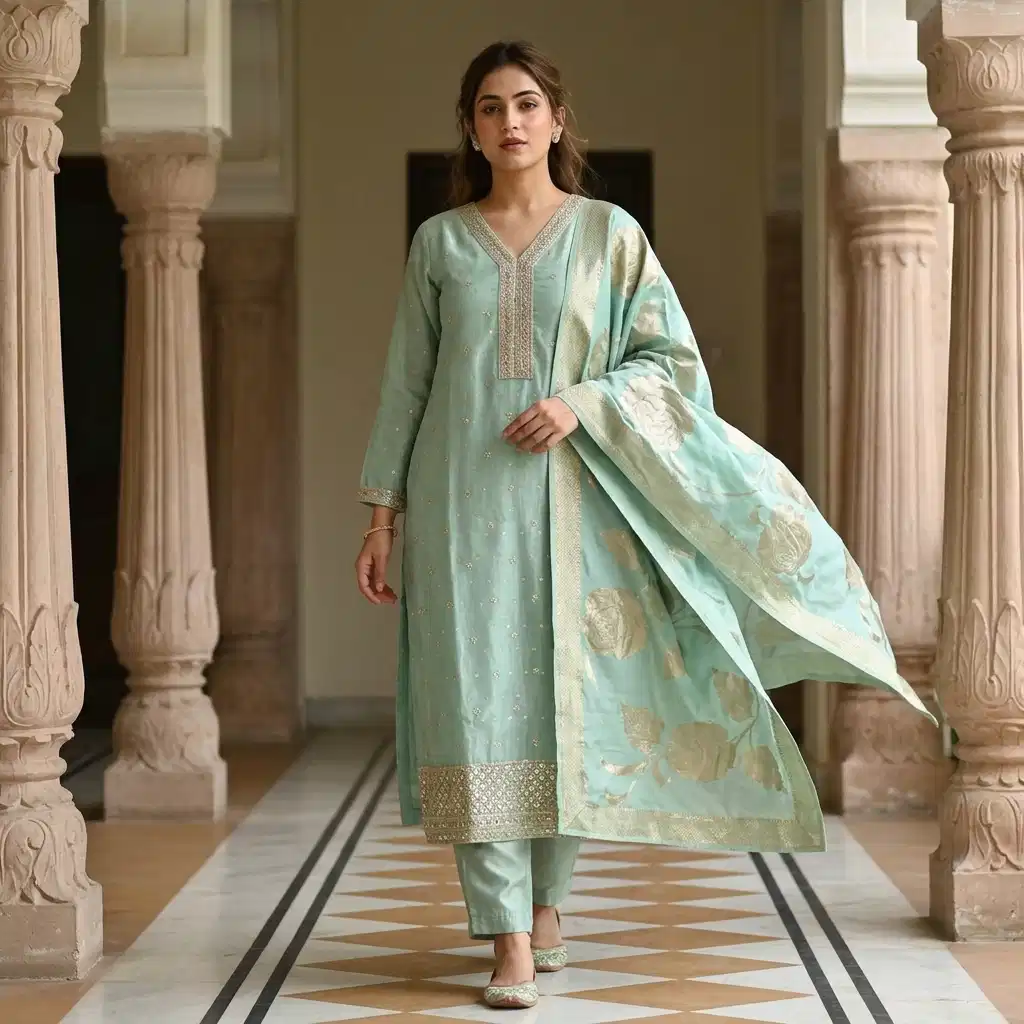 Aurelia Mint Embroidered Silk Suit Set for Women