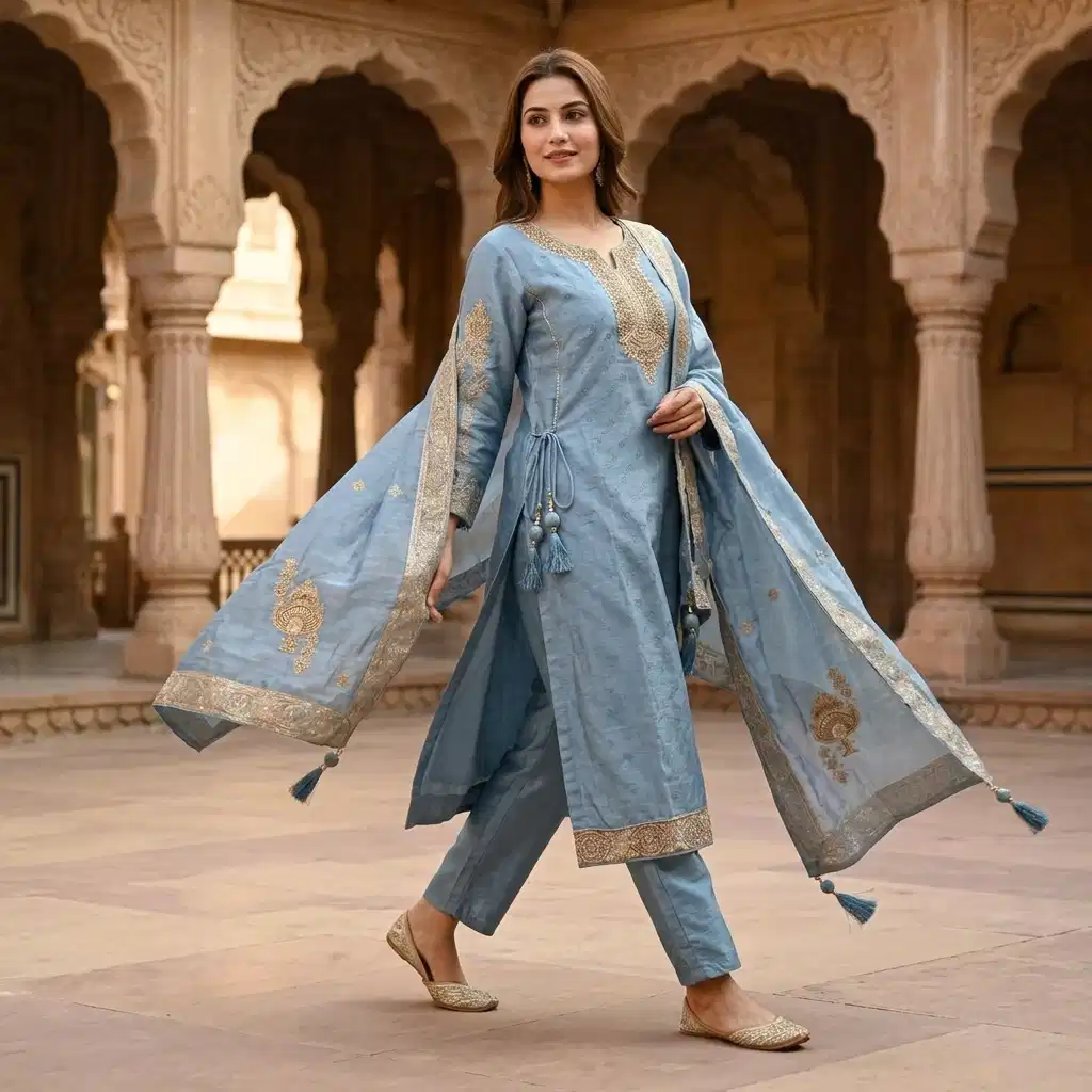 Celeste Sky Embroidered Silk Suit Set - Image 5
