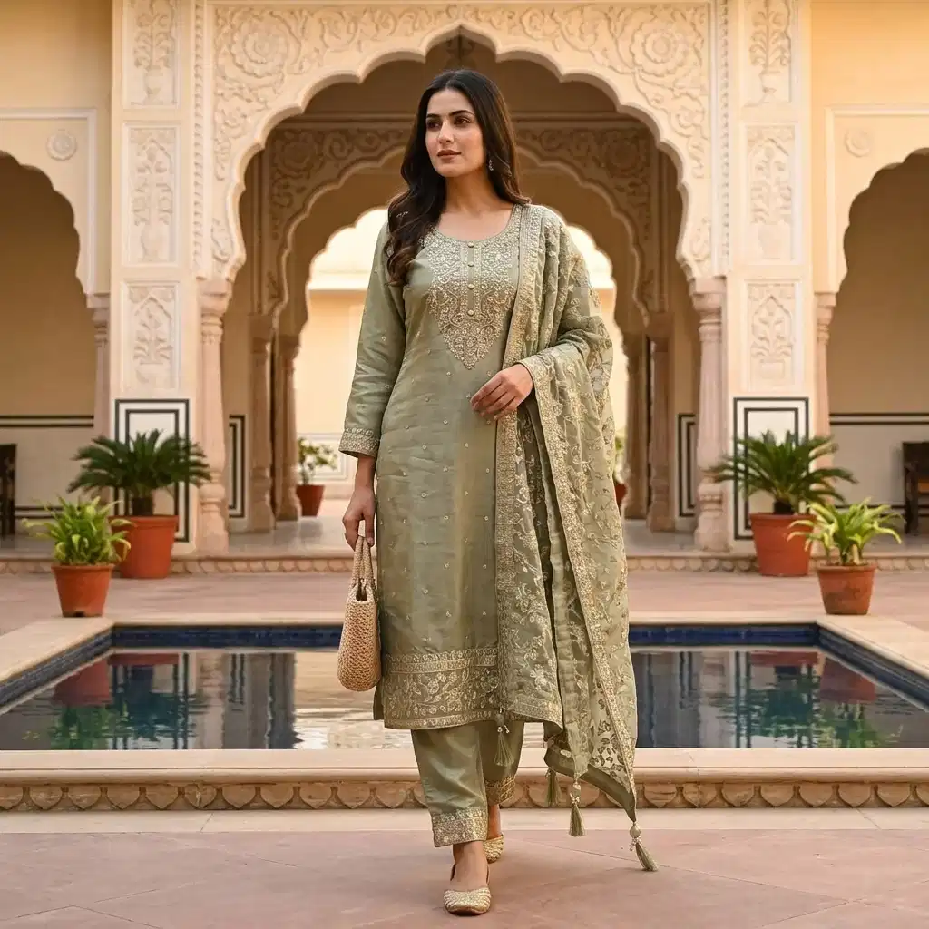 Elara Sage Embroidered Silk Suit Set