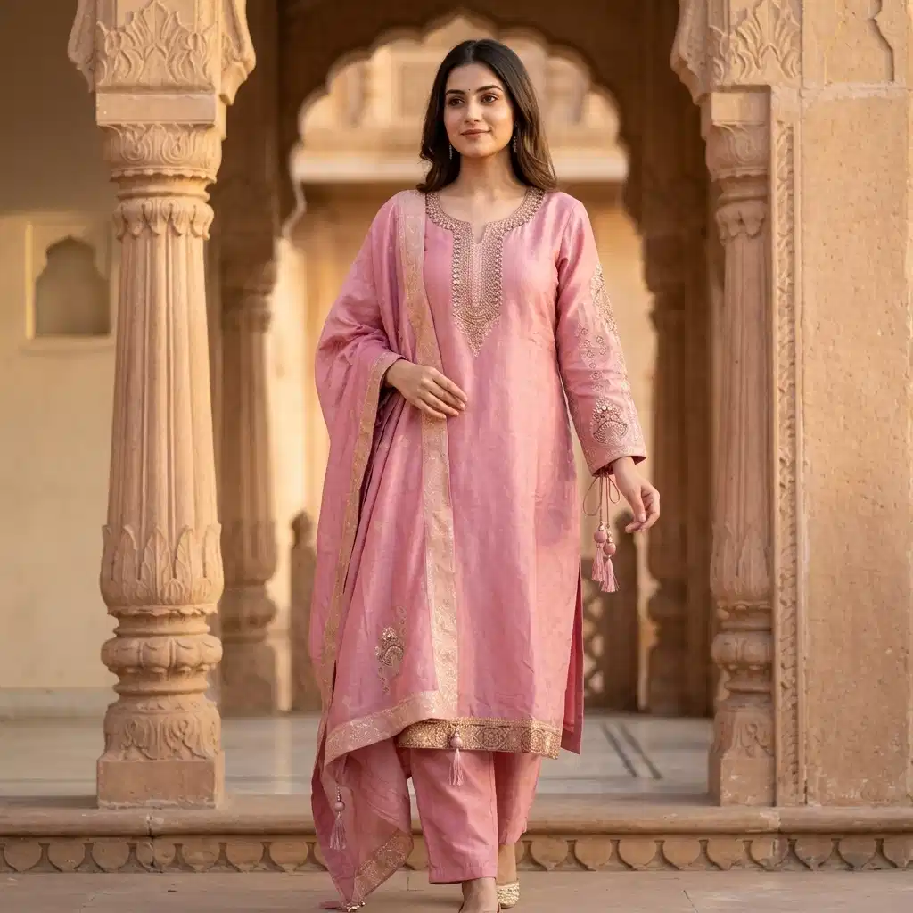 Gulnaar Blush Grace Embroidered Silk Suit Set