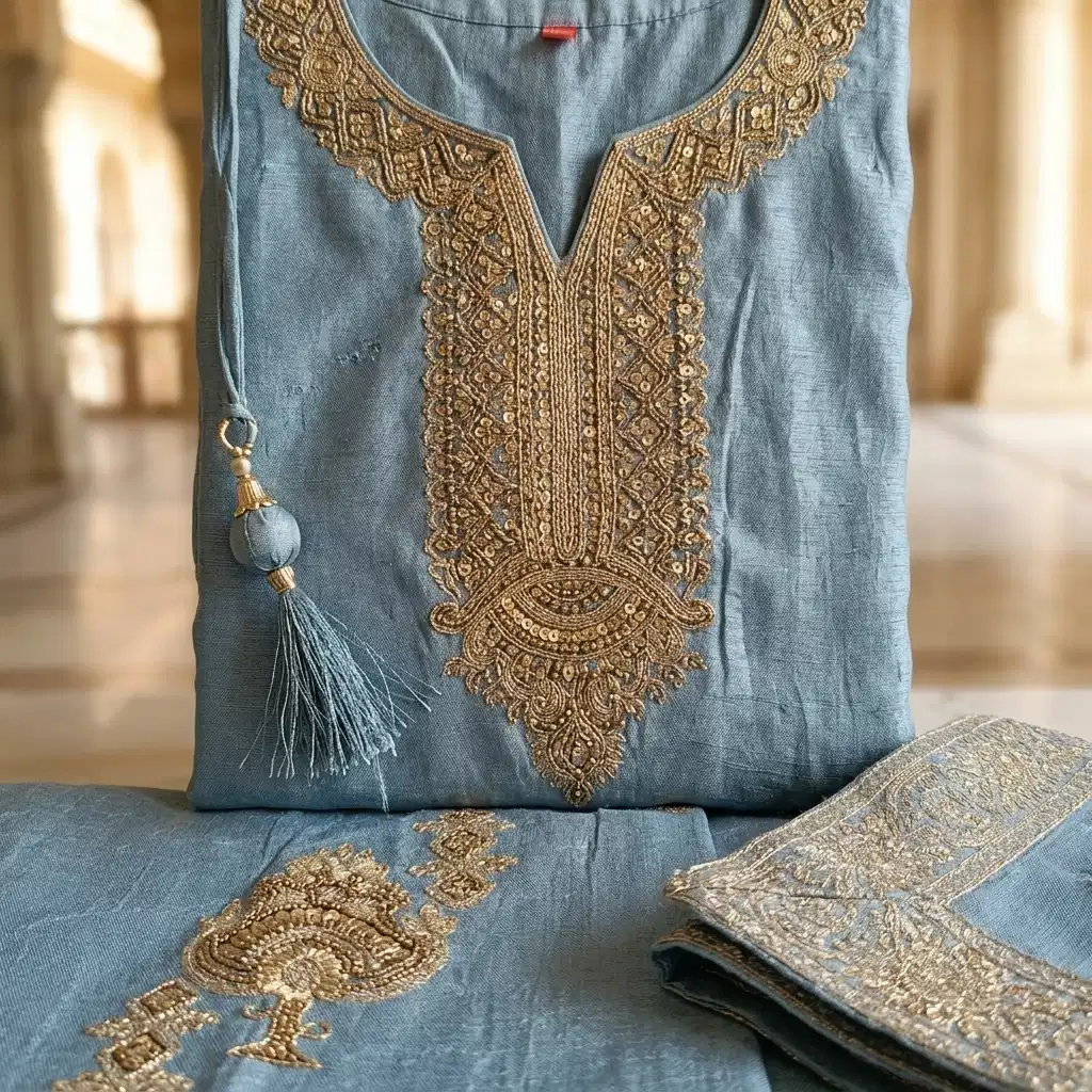 Celeste Sky Embroidered Silk Suit Set - Image 9