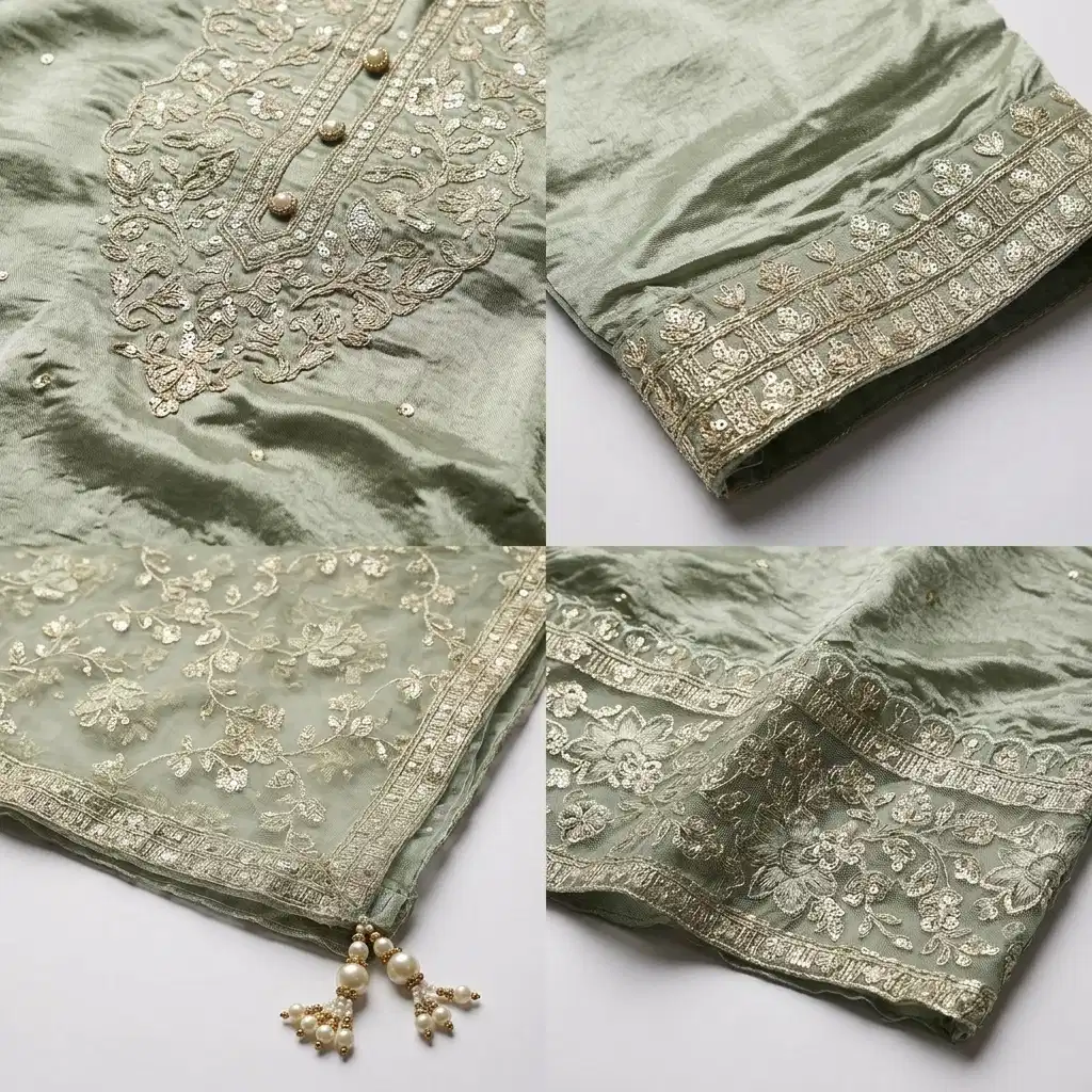 Elara Sage Embroidered Silk Suit Set - Image 5