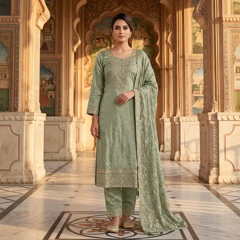Elara Sage Embroidered Silk Suit Set - Image 10