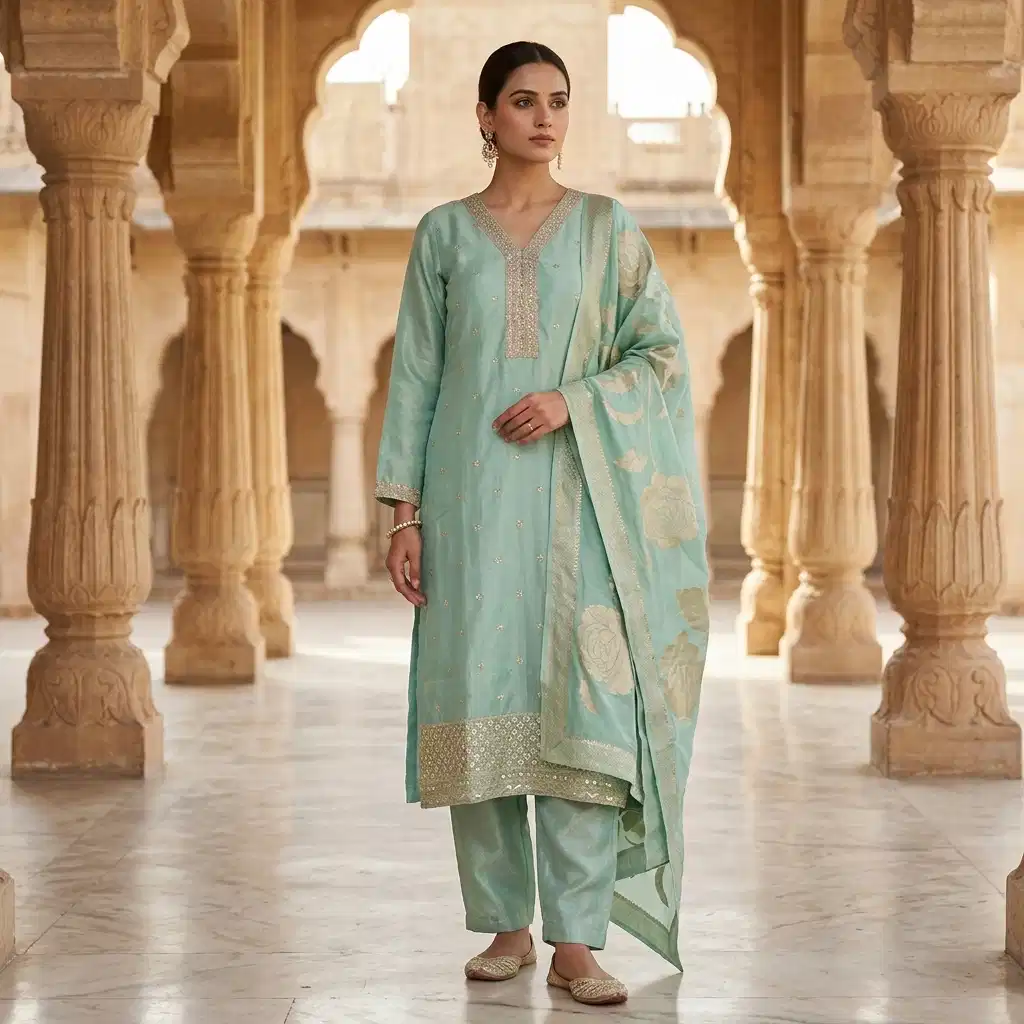 Aurelia Mint Embroidered Silk Suit Set for Women - Image 4