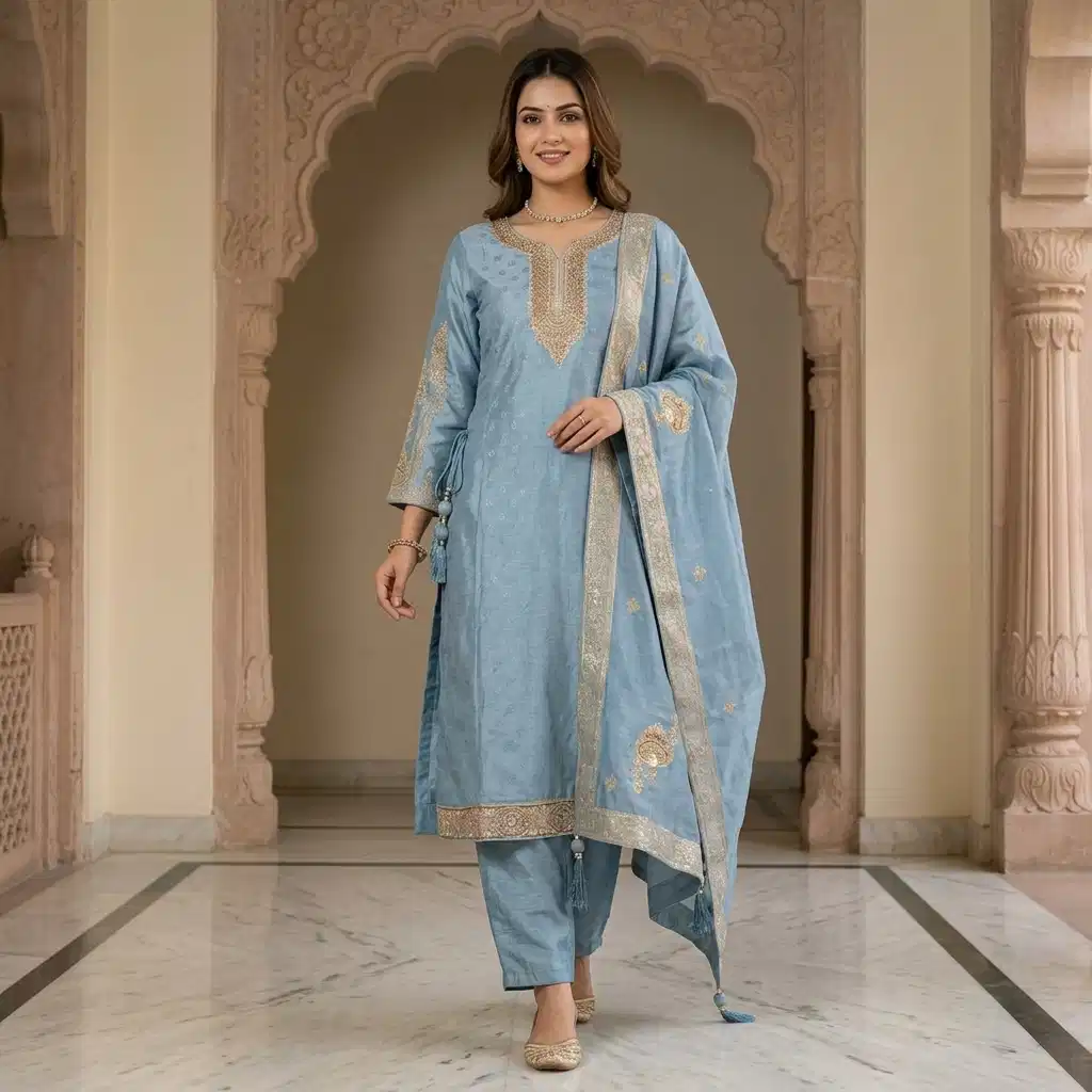Celeste Sky Embroidered Silk Suit Set - Image 11