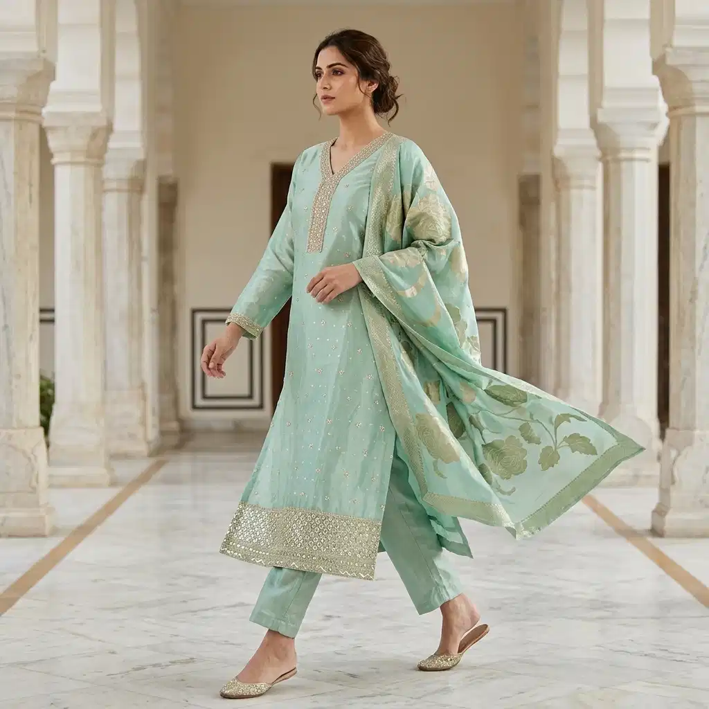 Aurelia Mint Embroidered Silk Suit Set for Women - Image 9