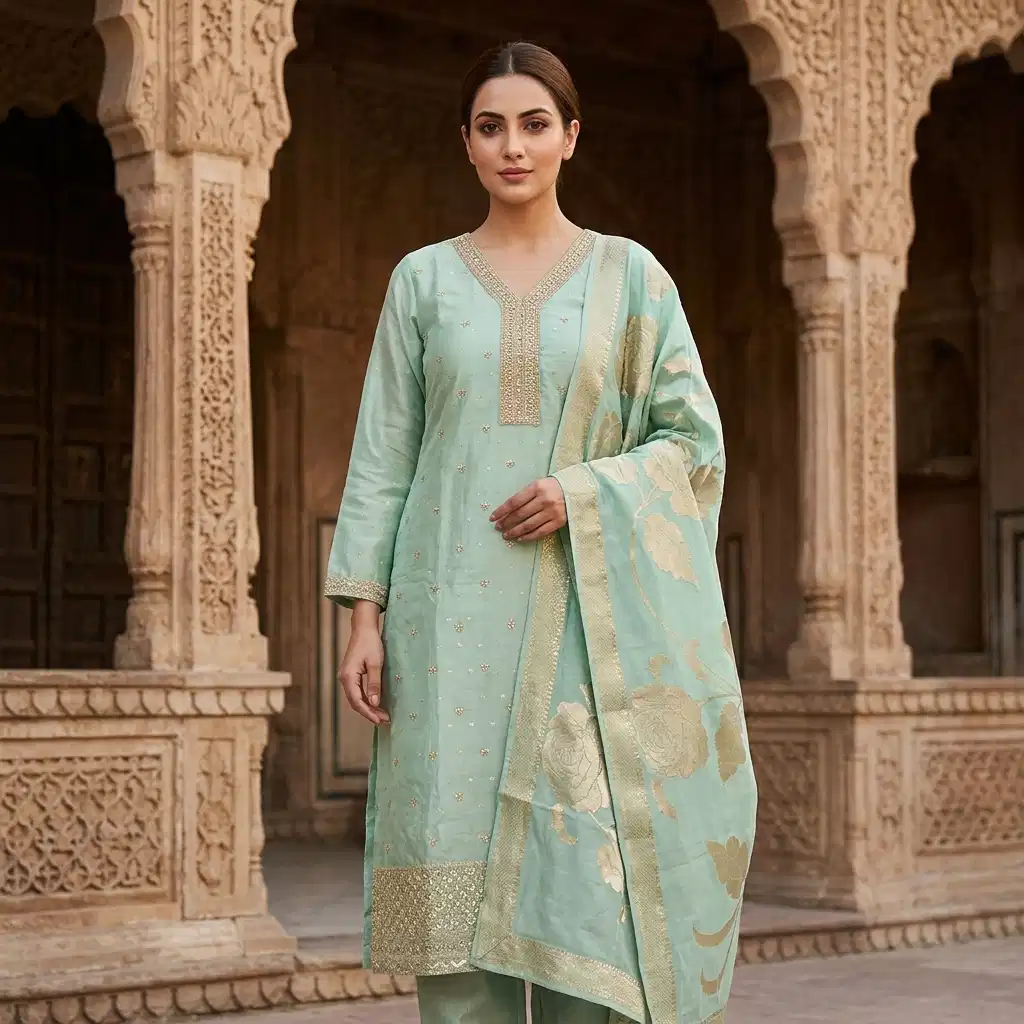Aurelia Mint Embroidered Silk Suit Set for Women - Image 2
