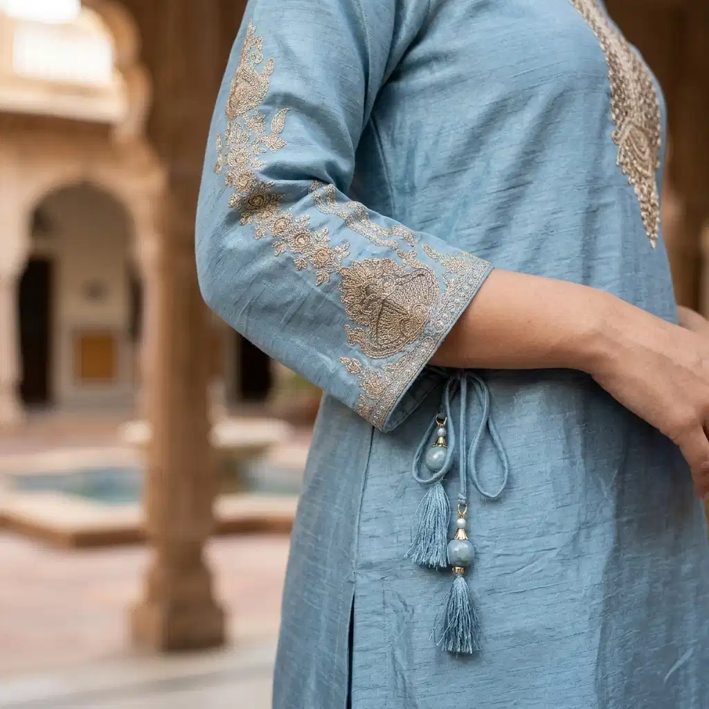 Celeste Sky Embroidered Silk Suit Set - Image 6
