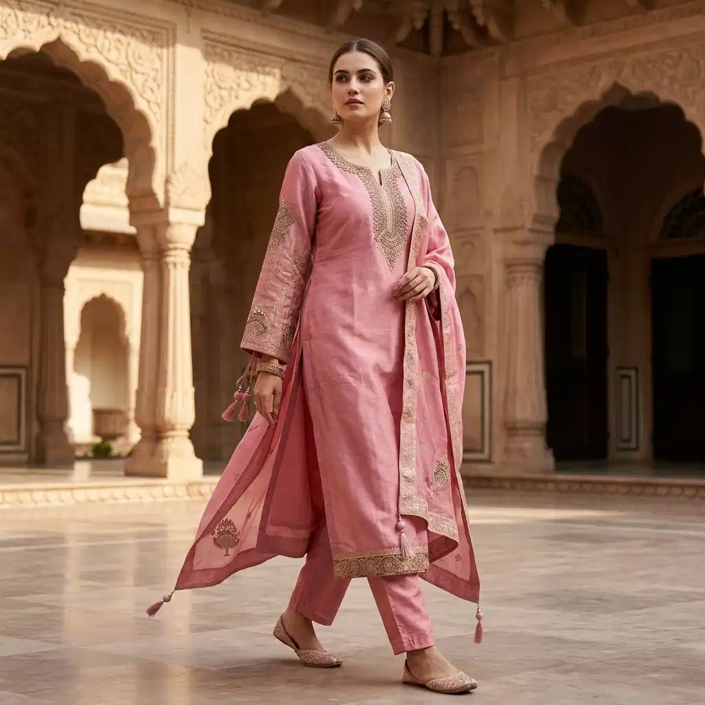 Gulnaar Blush Grace Embroidered Silk Suit Set - Image 9