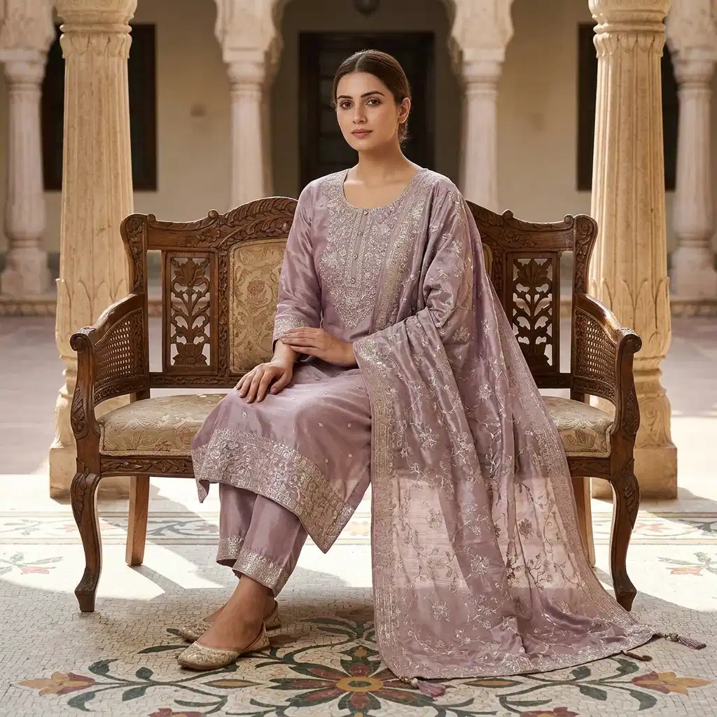 Zola Mist Embroidered Silk Suit Set for Women - Image 2