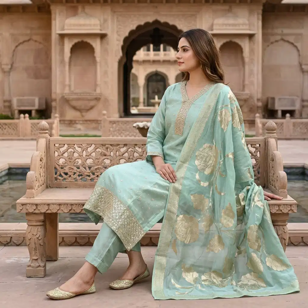 Aurelia Mint Embroidered Silk Suit Set for Women - Image 10