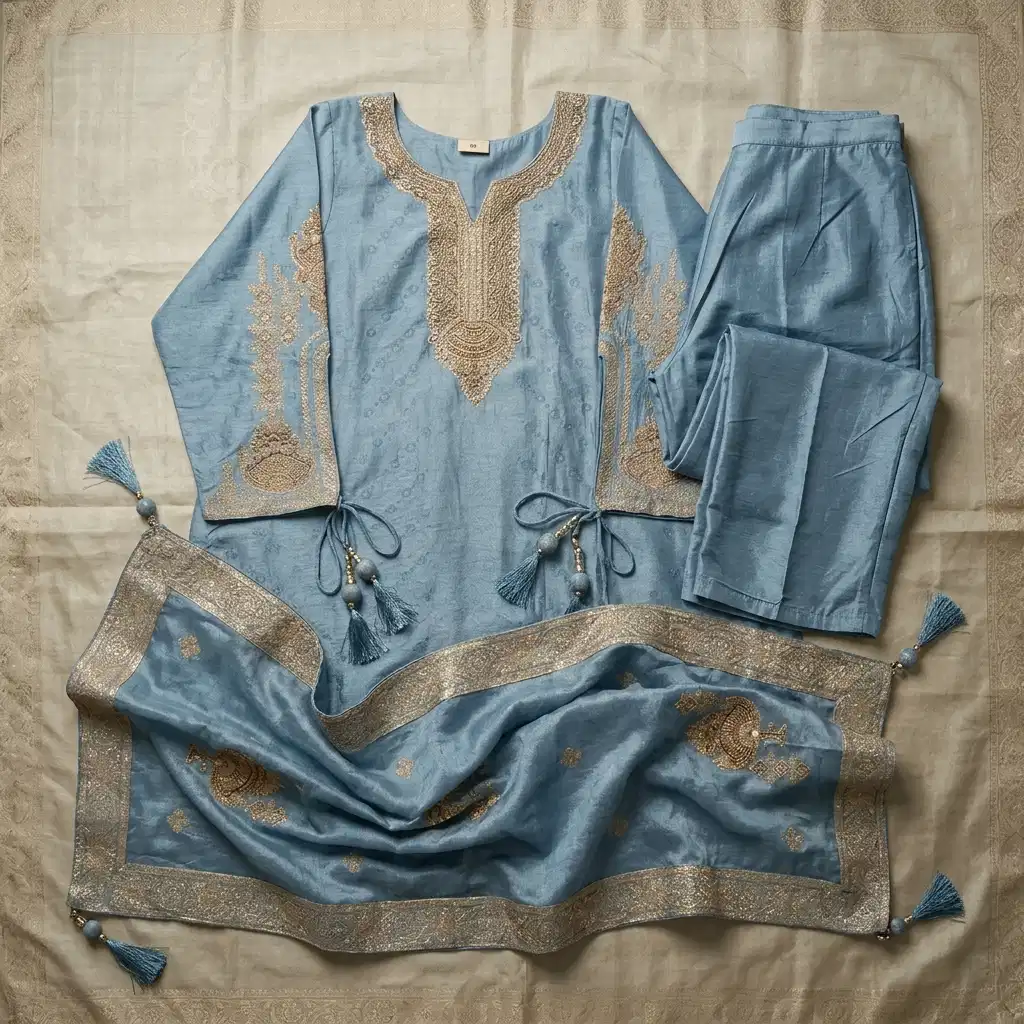 Celeste Sky Embroidered Silk Suit Set - Image 3