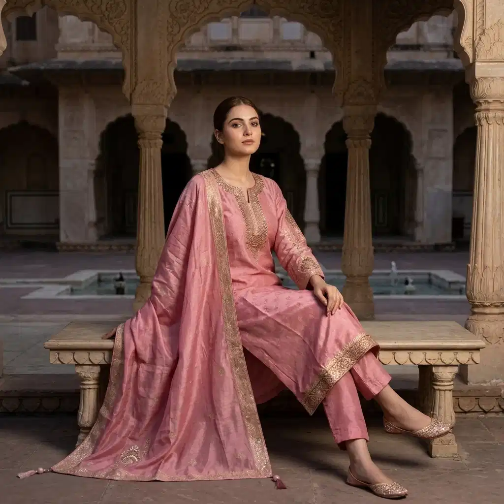 Gulnaar Blush Grace Embroidered Silk Suit Set - Image 8