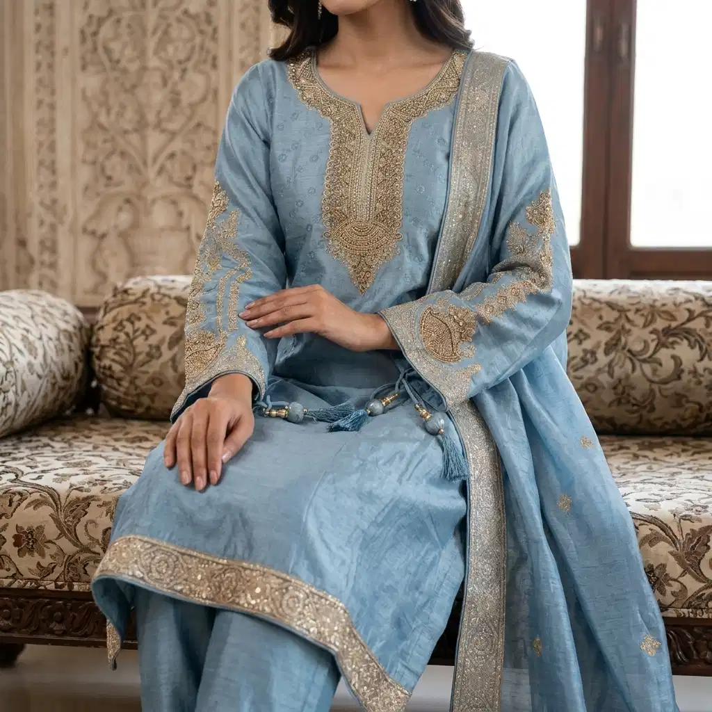 Celeste Sky Embroidered Silk Suit Set - Image 7