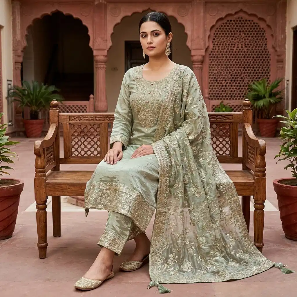 Elara Sage Embroidered Silk Suit Set - Image 4