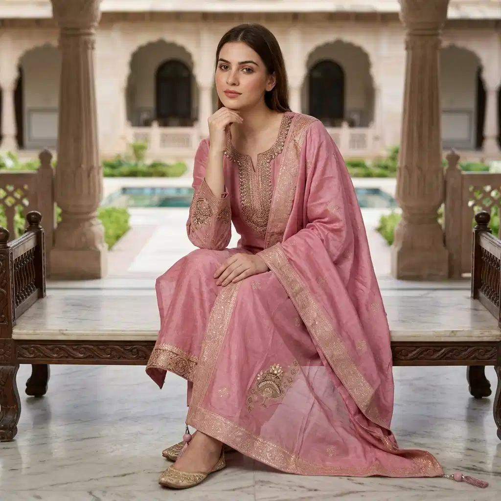 Gulnaar Blush Grace Embroidered Silk Suit Set - Image 3