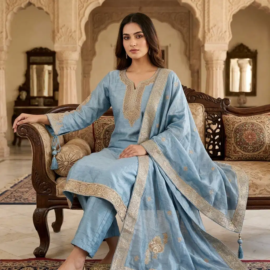 Celeste Sky Embroidered Silk Suit Set - Image 2