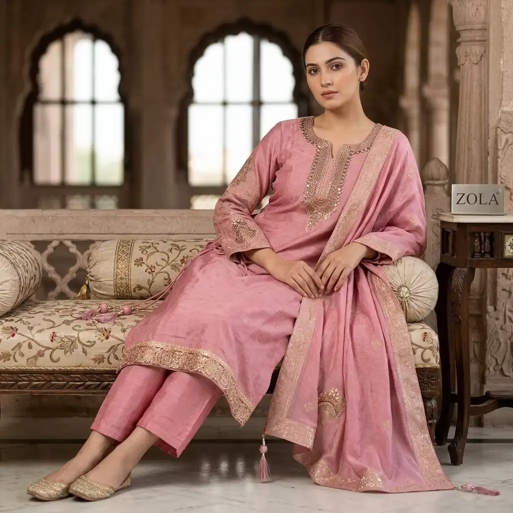 Gulnaar Blush Grace Embroidered Silk Suit Set - Image 4
